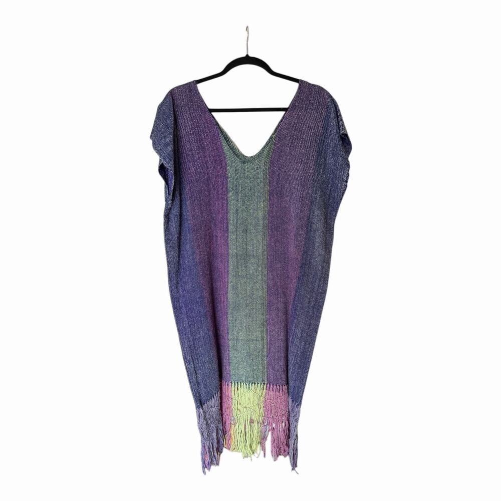 Handwoven Boho Striped Tunic Kaftan Fringe Hem Artisan Dress Purple Burgundy Grn